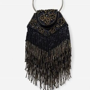 Vintage Beaded Fringe Evening Bag Black Gold Floral Rhinestone Ring Handle Purse